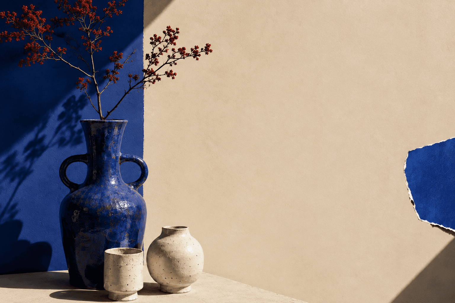 A composition of handmade cobalt blue and cream ceramics