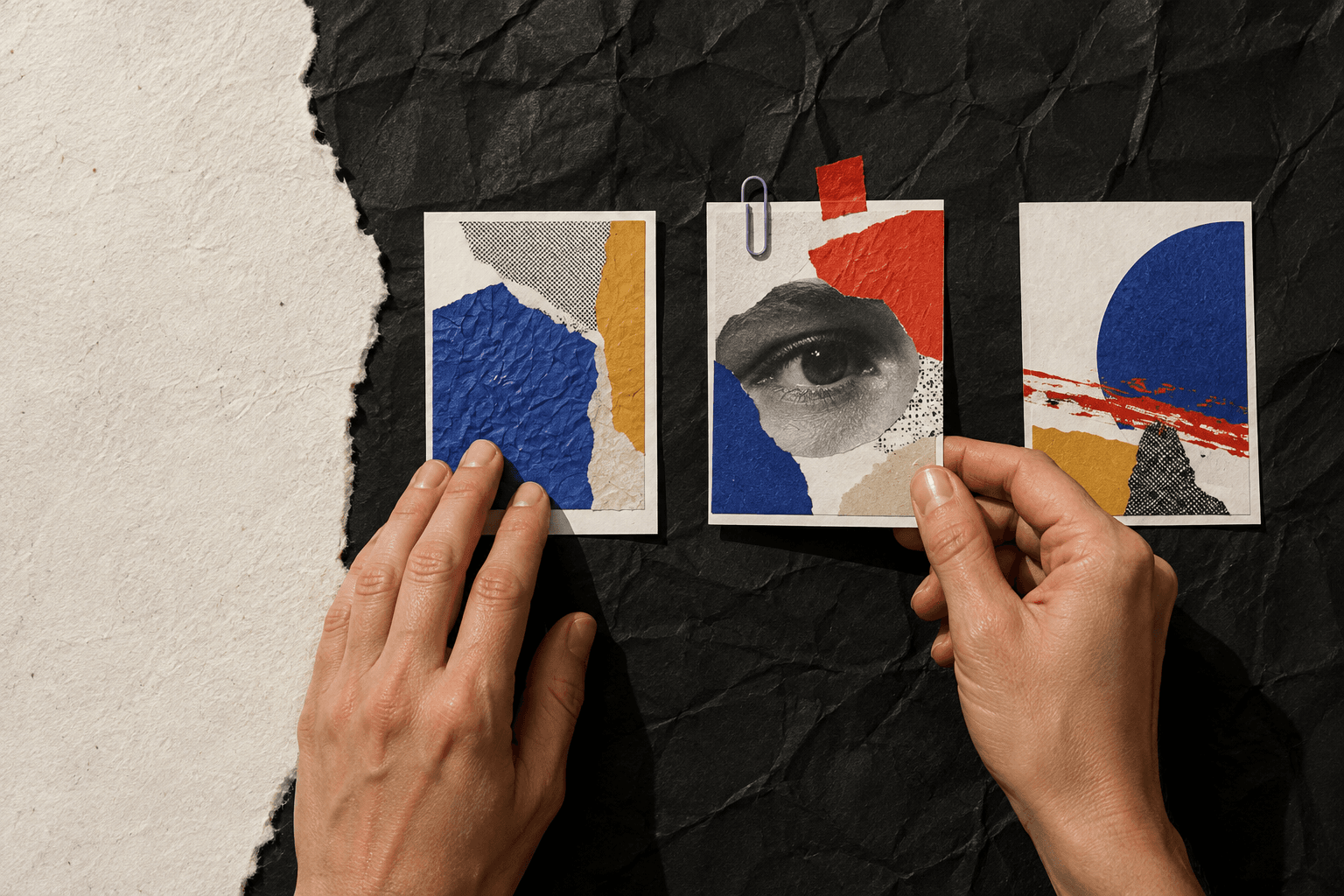 Two hands choosing one creative direction among three printed collages